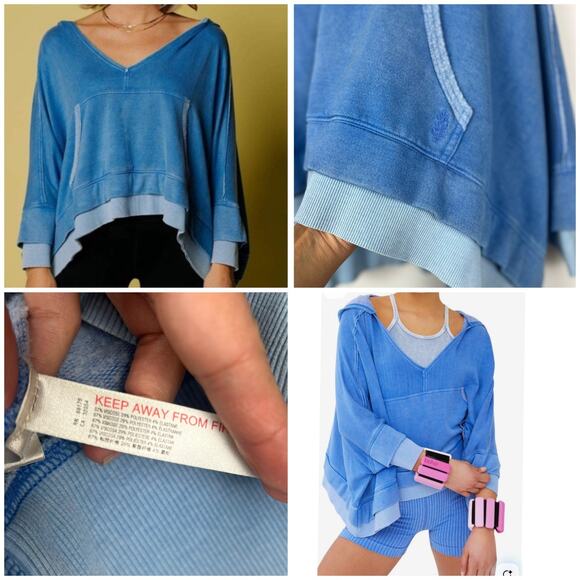 FP Movement Blue XS Layered Hem Hoodie  V-Neck Oversized Cropped Sweatshirt0 - Picture 8 of 10